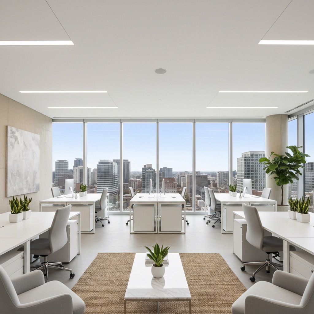 A modern, minimalist office space features white desks and chairs arranged around a central seating area with a view of a city skyline through floor-to-ceiling windows.