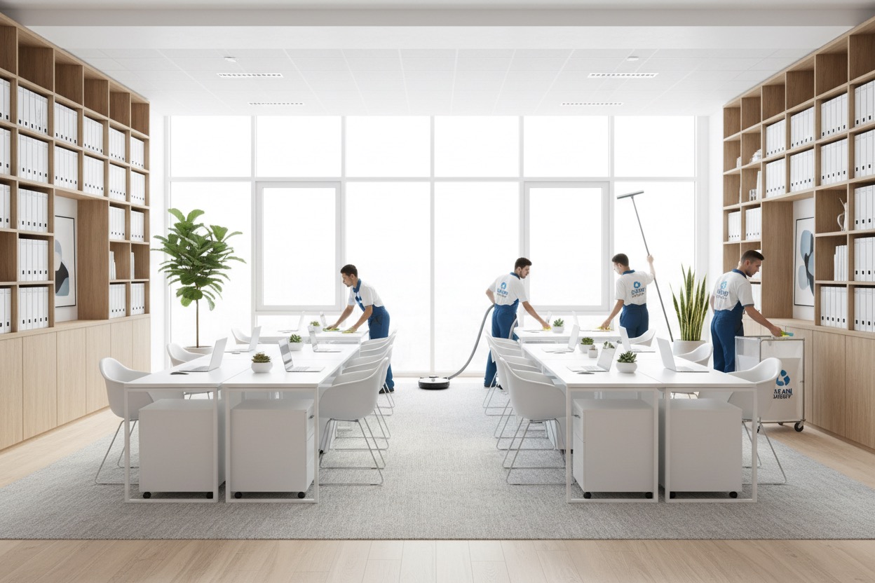 Four professional cleaners in uniforms clean a bright, modern office space with white desks and large floor-to-ceiling windows.